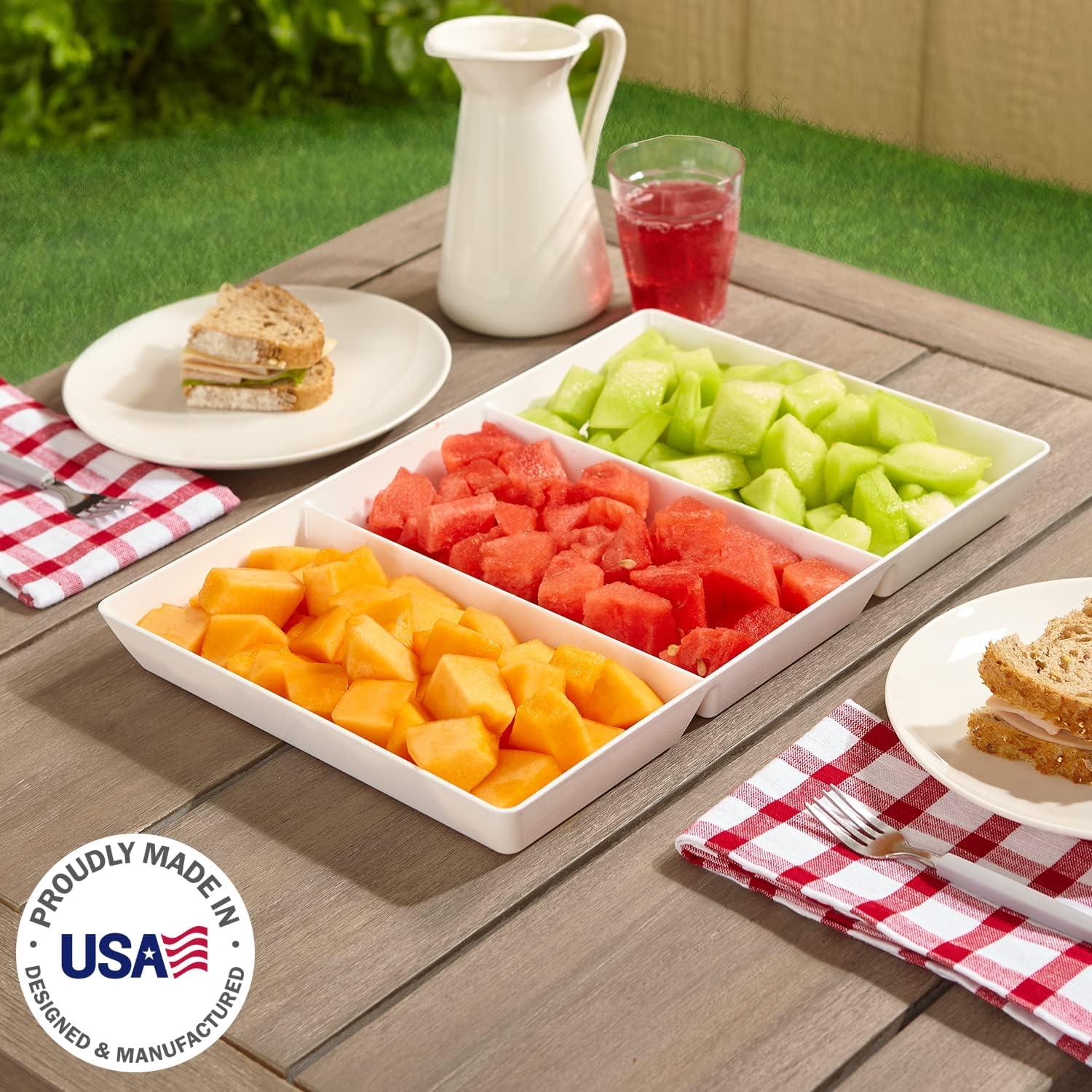 imageUS Acrylic Avant White Plastic Divided Serving Trays Set of 4 15 x 5 Narrow Reusable 3Section Party Platters Serve Appetizers Fruit Veggies ampamp Desserts BPAFree ampamp Made in USA15 x 10