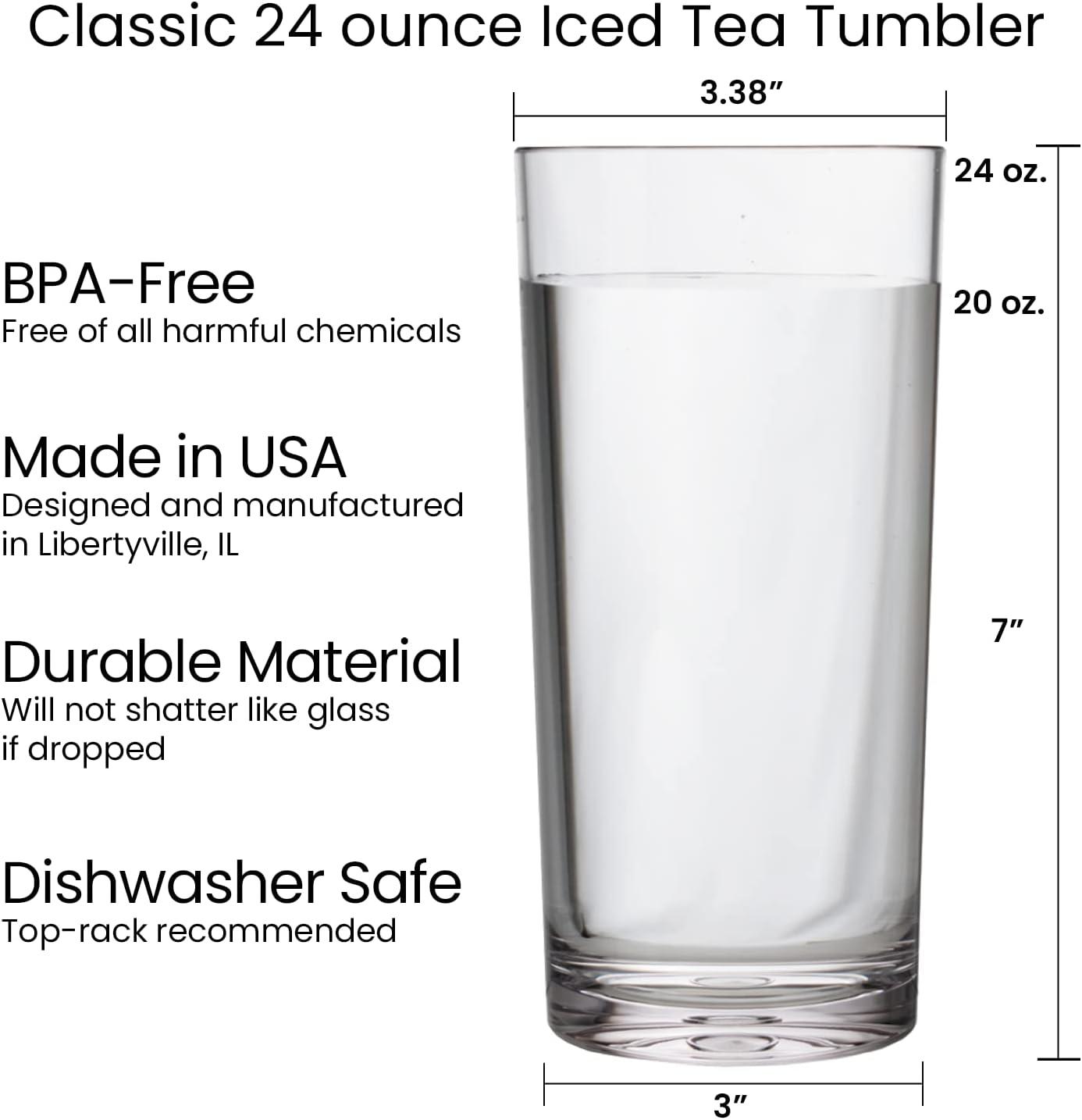 imageUS Acrylic Classic Clear Plastic Reusable Drinking Glasses Set of 6 24oz IcedTea Cups BPAFree Tumblers Made in USA TopRack Dishwasher SafeClear