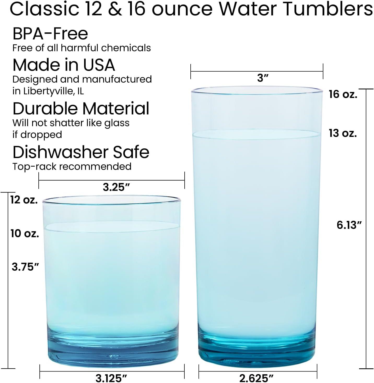imageUS Acrylic Classic Clear Plastic Reusable Drinking Glasses Set of 8 12oz Rocks ampamp 16oz Water Cups BPAFree Tumblers Made in USA TopRack Dishwasher SafeCoastal