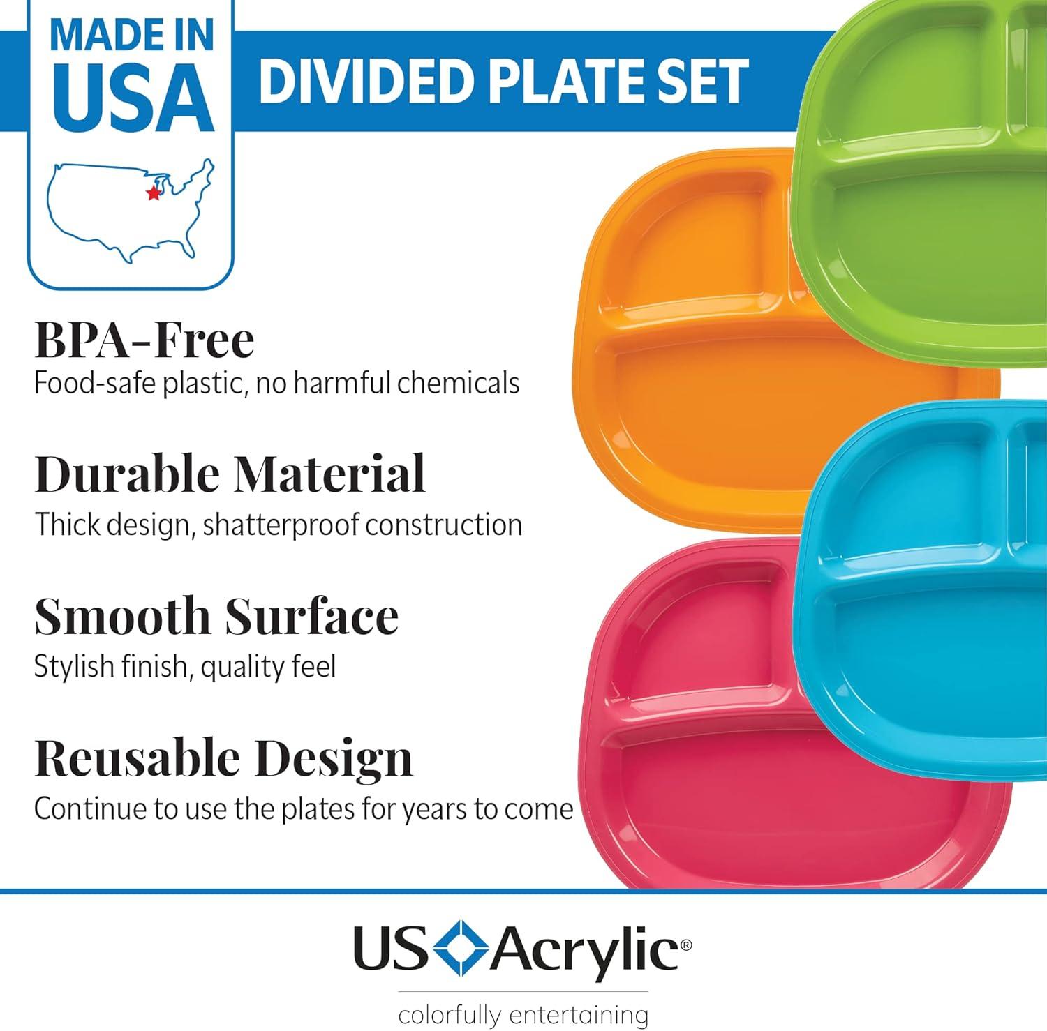 imageUS Acrylic Harmony 3compartment Divided Plastic Kids Tray in 4 Calypso Colors set of 12 Reusable BPAfree Plates Made in the USA Microwave ampamp Dishwasher Safe DinnerwareCalypso