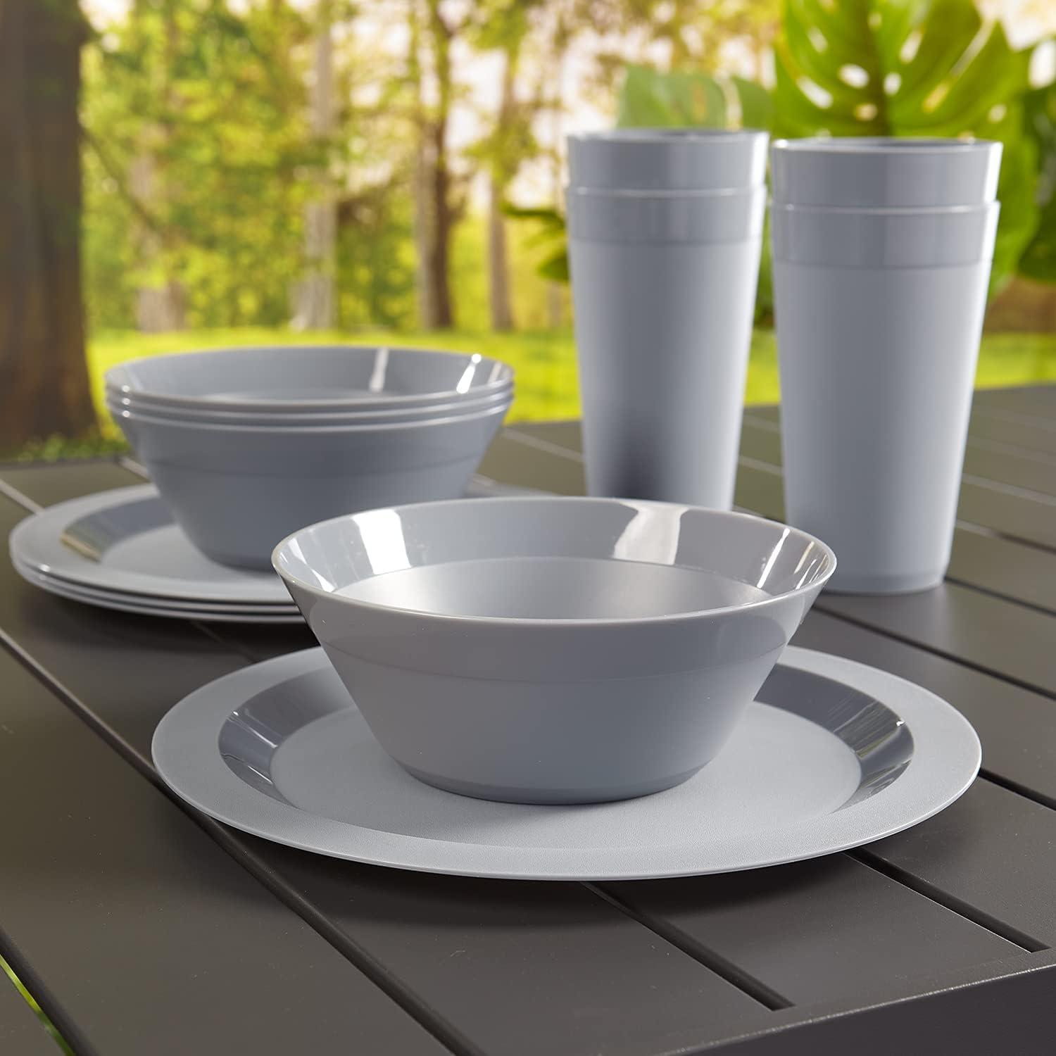 imageUS Acrylic Newport Plastic Plate Bowl and Tumbler Dinnerware Set for 4 in Grey Stone 12Piece Drinking and Dining Set Reusable BPAfree Made in the USA Toprack Dishwasher SafeGray