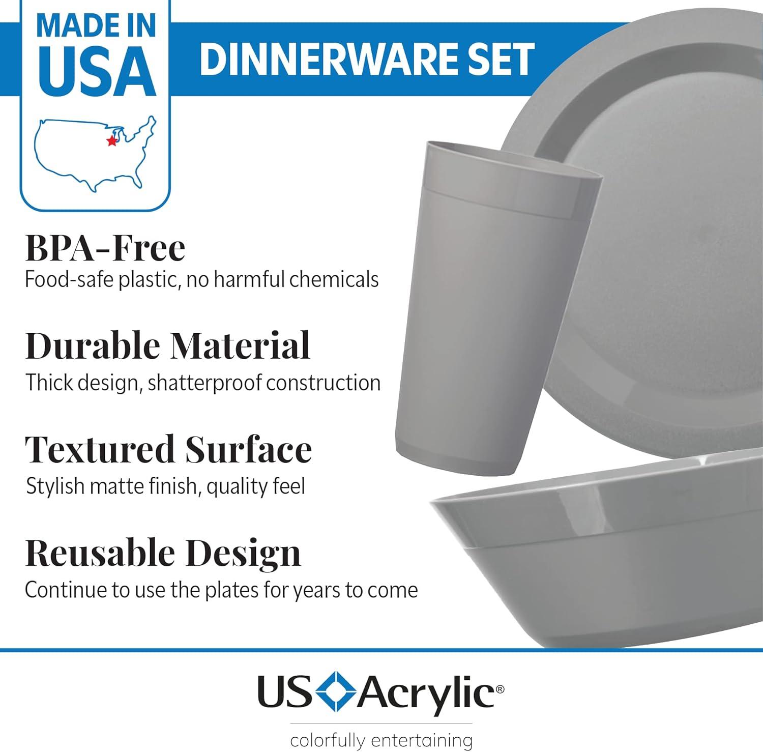 imageUS Acrylic Newport Plastic Plate Bowl and Tumbler Dinnerware Set for 4 in Grey Stone 12Piece Drinking and Dining Set Reusable BPAfree Made in the USA Toprack Dishwasher SafeGray