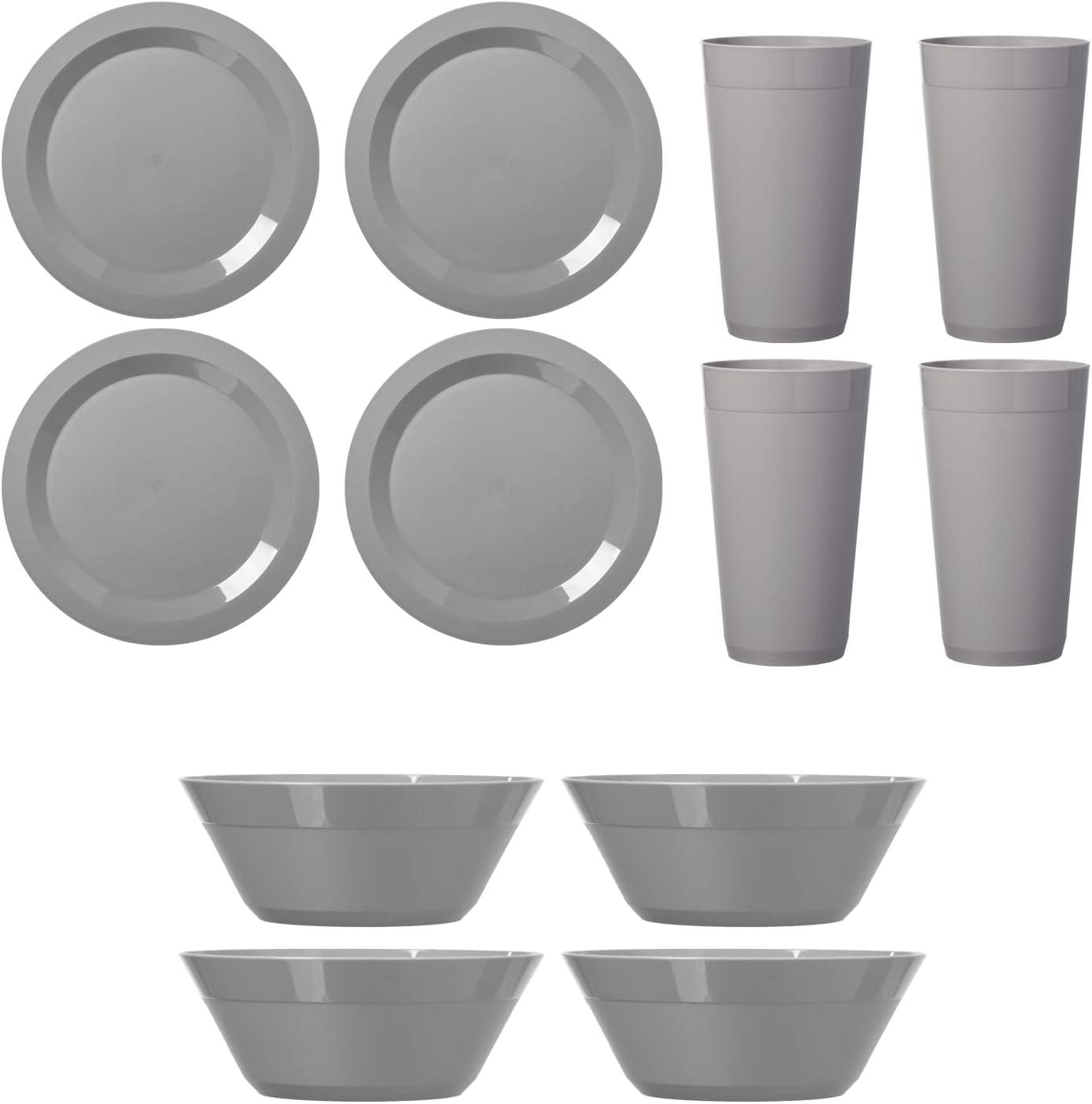 imageUS Acrylic Newport Plastic Plate Bowl and Tumbler Dinnerware Set for 4 in Grey Stone 12Piece Drinking and Dining Set Reusable BPAfree Made in the USA Toprack Dishwasher SafeGray
