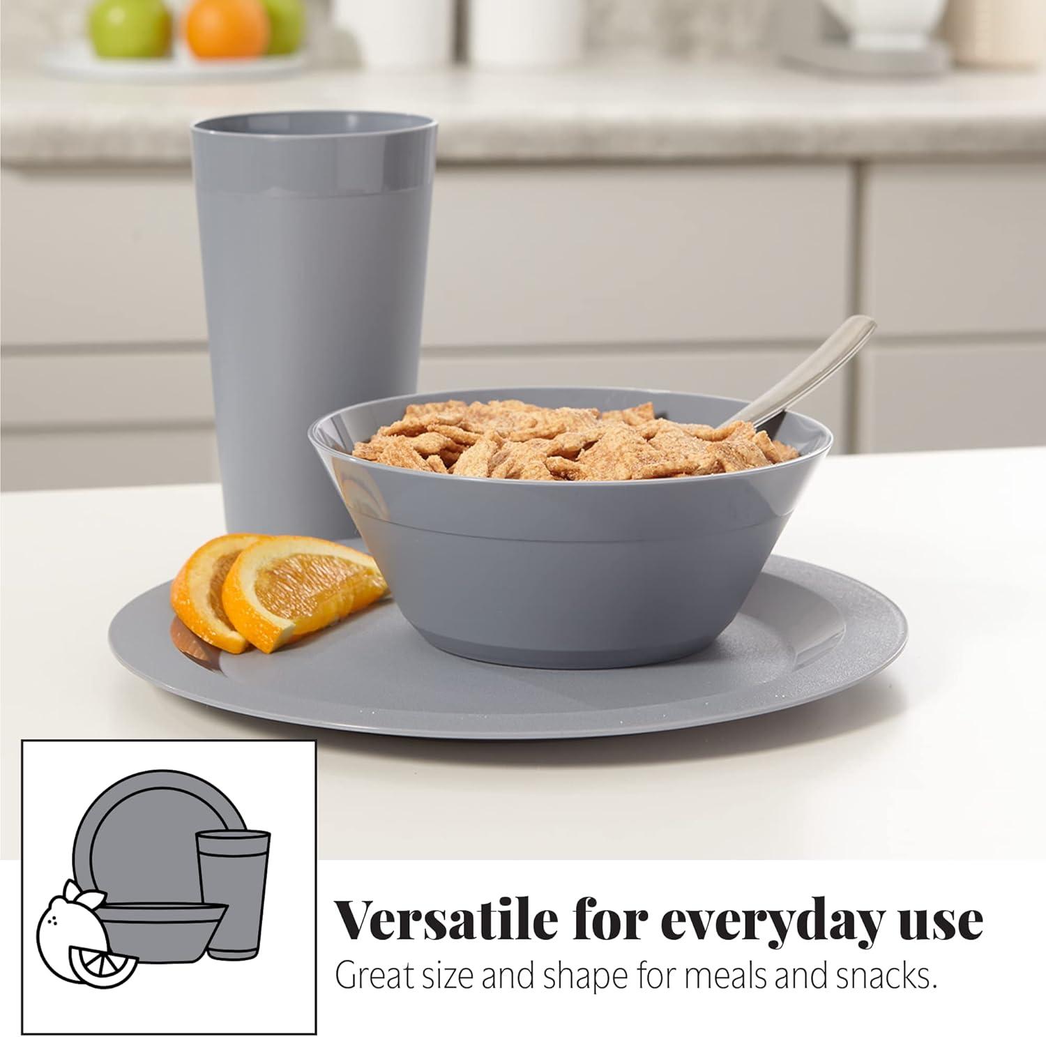 imageUS Acrylic Newport Plastic Plate Bowl and Tumbler Dinnerware Set for 4 in Grey Stone 12Piece Drinking and Dining Set Reusable BPAfree Made in the USA Toprack Dishwasher SafeGray