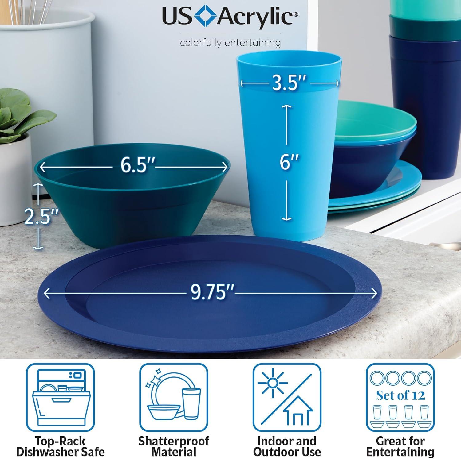 imageUS Acrylic Newport Plastic Plate Bowl and Tumbler Dinnerware Set for 4 in Grey Stone 12Piece Drinking and Dining Set Reusable BPAfree Made in the USA Toprack Dishwasher SafeCoastal