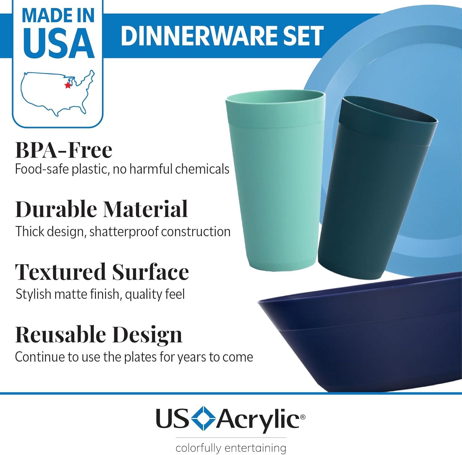 imageUS Acrylic Newport Plastic Plate Bowl and Tumbler Dinnerware Set for 4 in Grey Stone 12Piece Drinking and Dining Set Reusable BPAfree Made in the USA Toprack Dishwasher SafeCoastal
