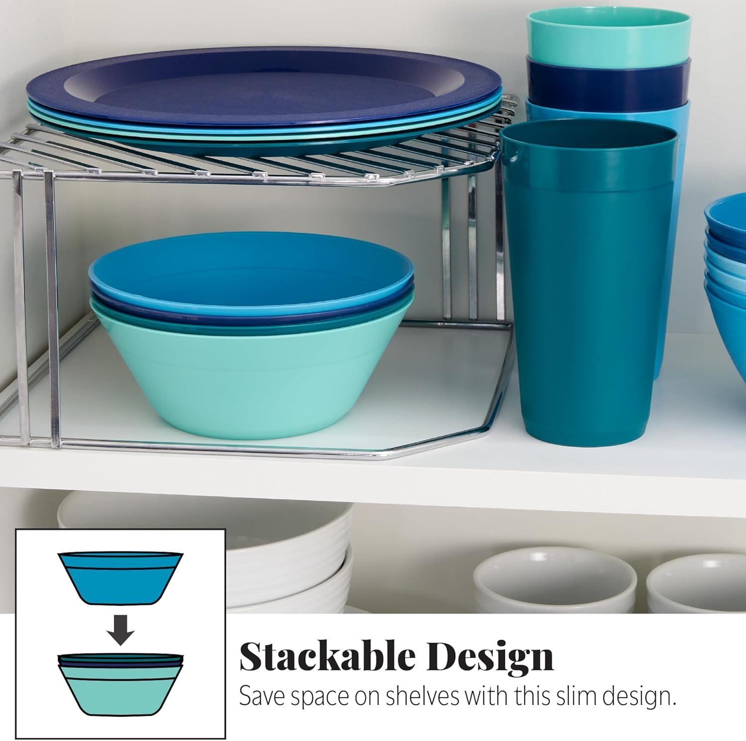 imageUS Acrylic Newport Plastic Plate Bowl and Tumbler Dinnerware Set for 4 in Grey Stone 12Piece Drinking and Dining Set Reusable BPAfree Made in the USA Toprack Dishwasher SafeCoastal