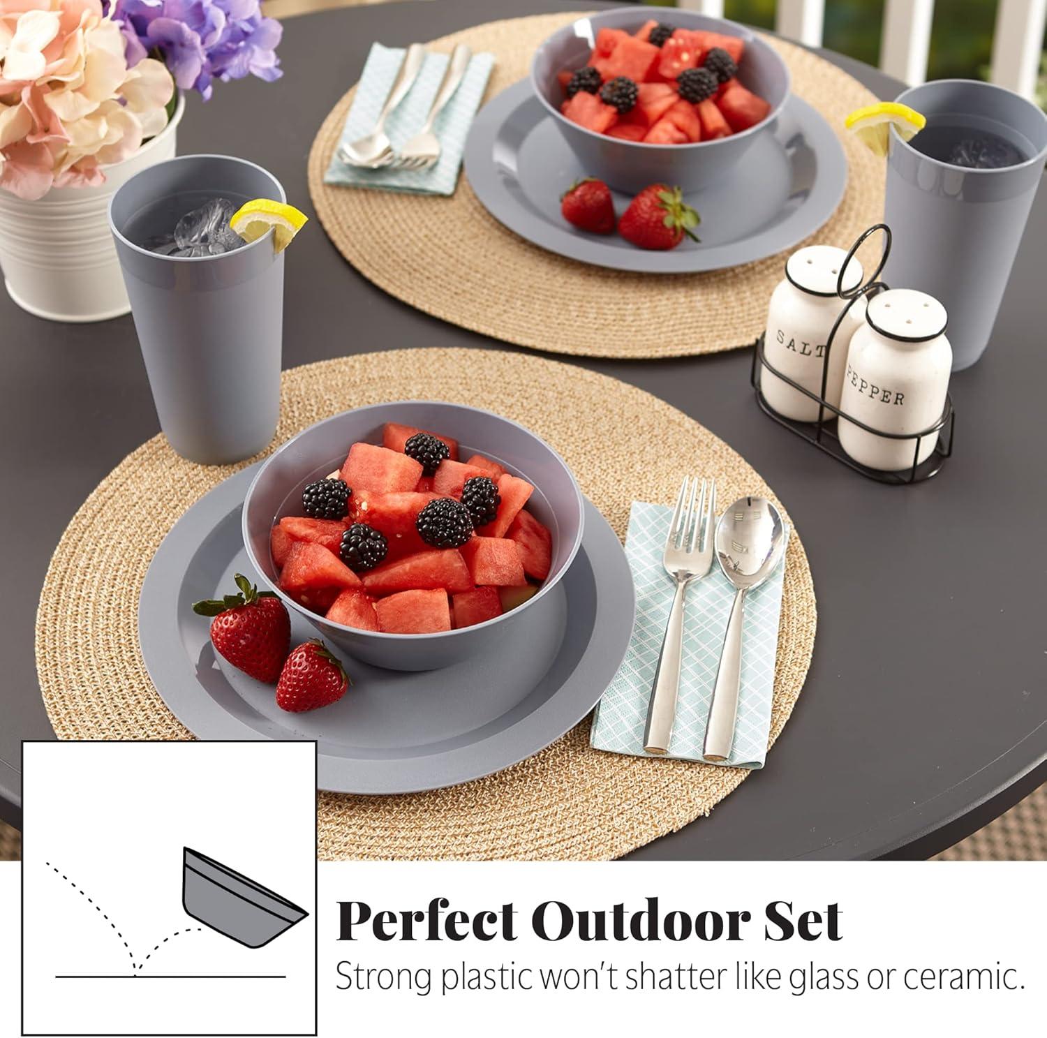 imageUS Acrylic Newport Plastic Plate Bowl and Tumbler Dinnerware Set for 4 in Grey Stone 12Piece Drinking and Dining Set Reusable BPAfree Made in the USA Toprack Dishwasher SafeGray