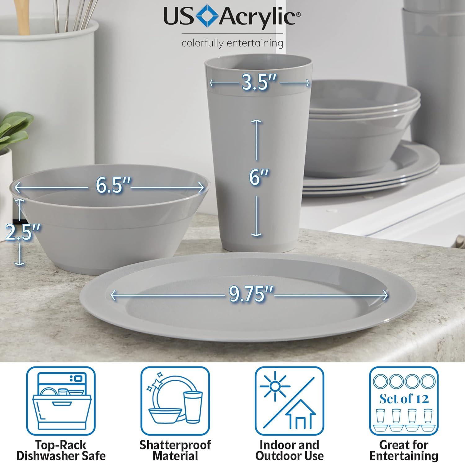 imageUS Acrylic Newport Plastic Plate Bowl and Tumbler Dinnerware Set for 4 in Grey Stone 12Piece Drinking and Dining Set Reusable BPAfree Made in the USA Toprack Dishwasher SafeGray