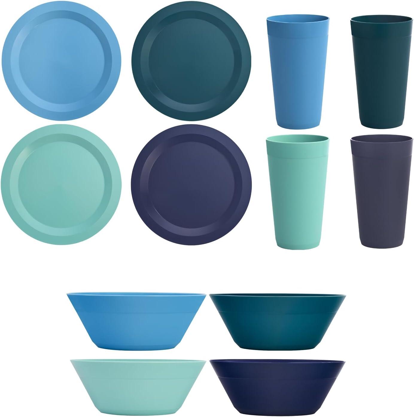 imageUS Acrylic Newport Plastic Plate Bowl and Tumbler Dinnerware Set for 4 in Grey Stone 12Piece Drinking and Dining Set Reusable BPAfree Made in the USA Toprack Dishwasher SafeCoastal
