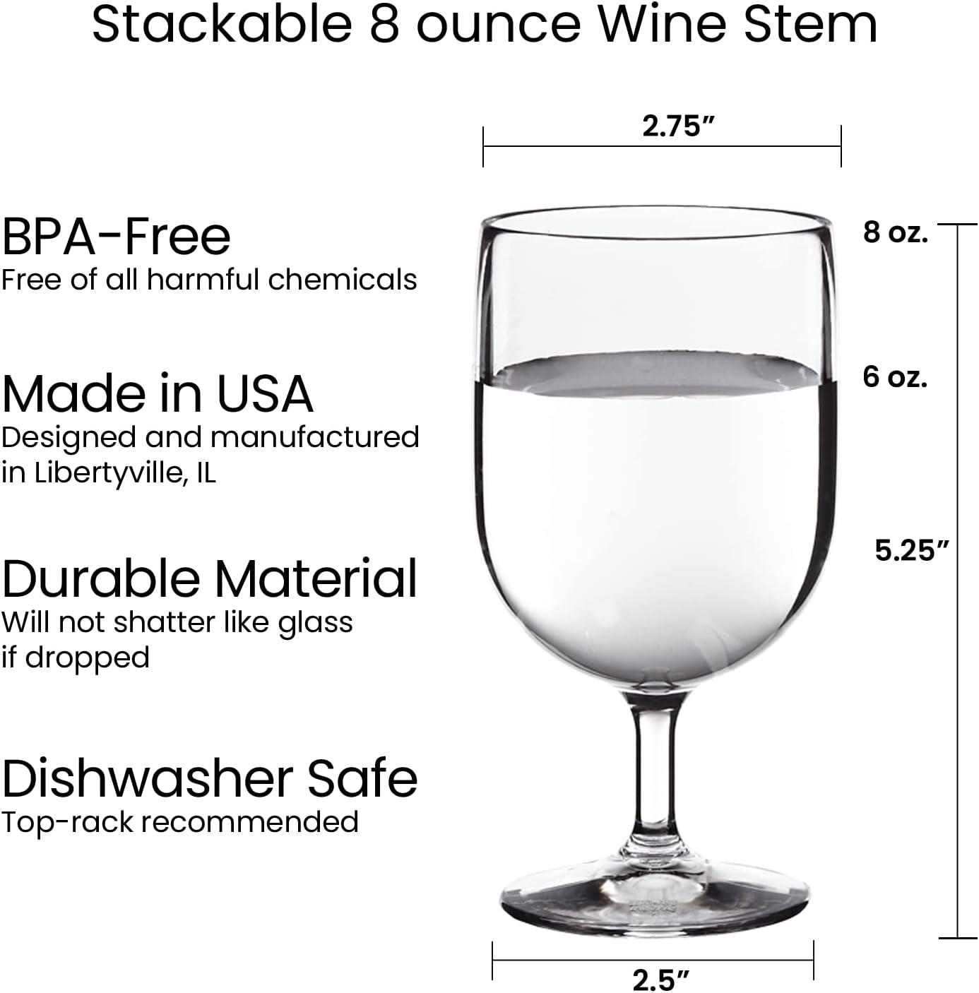 imageUS Acrylic Stackable 8 ounce Plastic Wine Stems in Clear Set of 8 Reusable BPAfree Made in the USA Toprack Dishwasher SafeClear