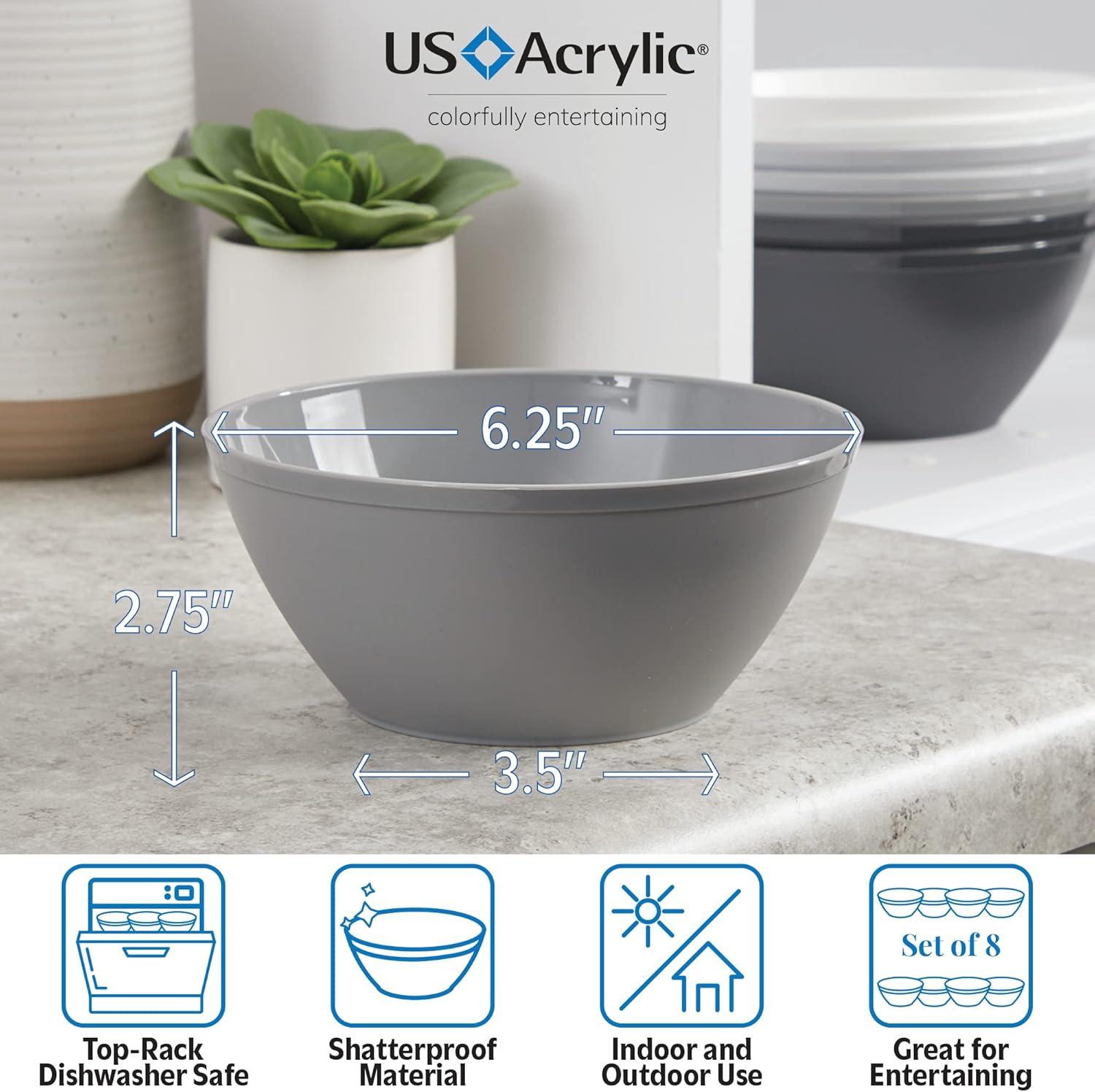 imageUS Acrylic Unbreakable 28 oz Plastic Stackable Cereal Bowls for Snacks ampamp Ice Cream in Grey Colors Set of 8 6inch Reusable BPAFree Made in the USA Dishwasher Safe DinnerwareGray
