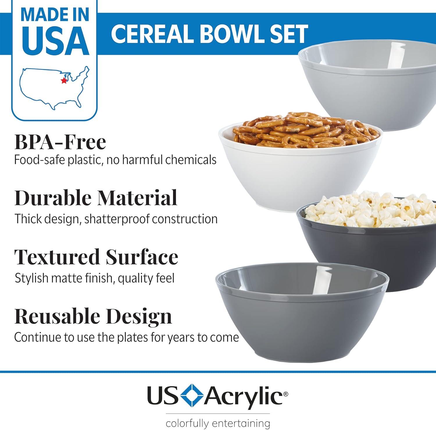 imageUS Acrylic Unbreakable 28 oz Plastic Stackable Cereal Bowls for Snacks ampamp Ice Cream in Grey Colors Set of 8 6inch Reusable BPAFree Made in the USA Dishwasher Safe DinnerwareGray