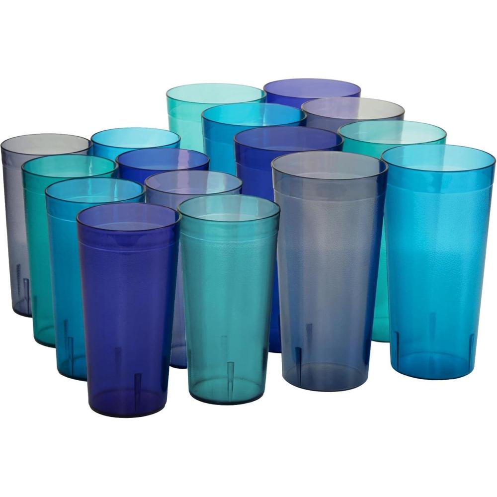 imageUS Acrylic Cafe Plastic Reusable Tumblers Set of 16 20oz Water ampamp 32oz IcedTea Cups Coastal Colors Restaurant Style Drinking Glasses Stackable BPAfree Made in the USA Toprack Dishwasher Safe