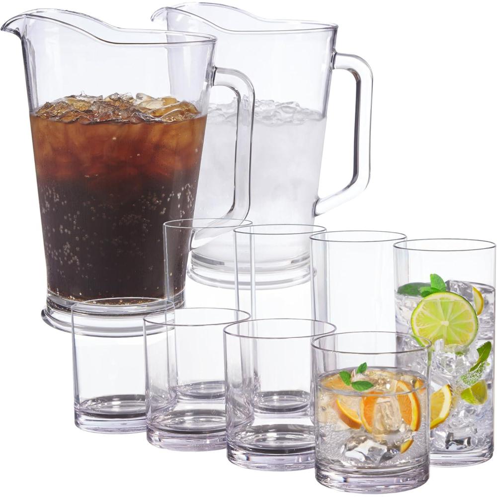 imageUS Acrylic Clear Plastic Cup and Pitcher Set Bundle 4 12oz Rocks Cups 4 16oz Water Cups and 2 64oz Pitchers Made in USA