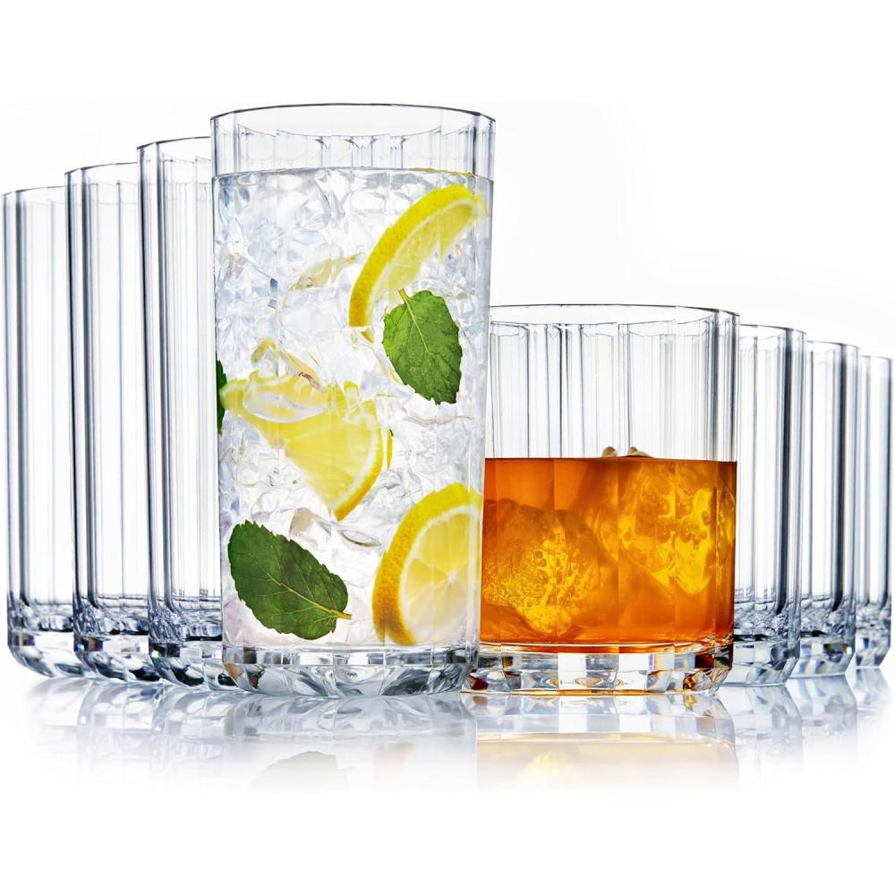 imageUS Acrylic Faceted Clear Plastic Reusable Drinking Glasses Set of 8 14oz Rocks ampamp 18oz Water Cups BPAFree Tumblers Made in USA TopRack Dishwasher Safe