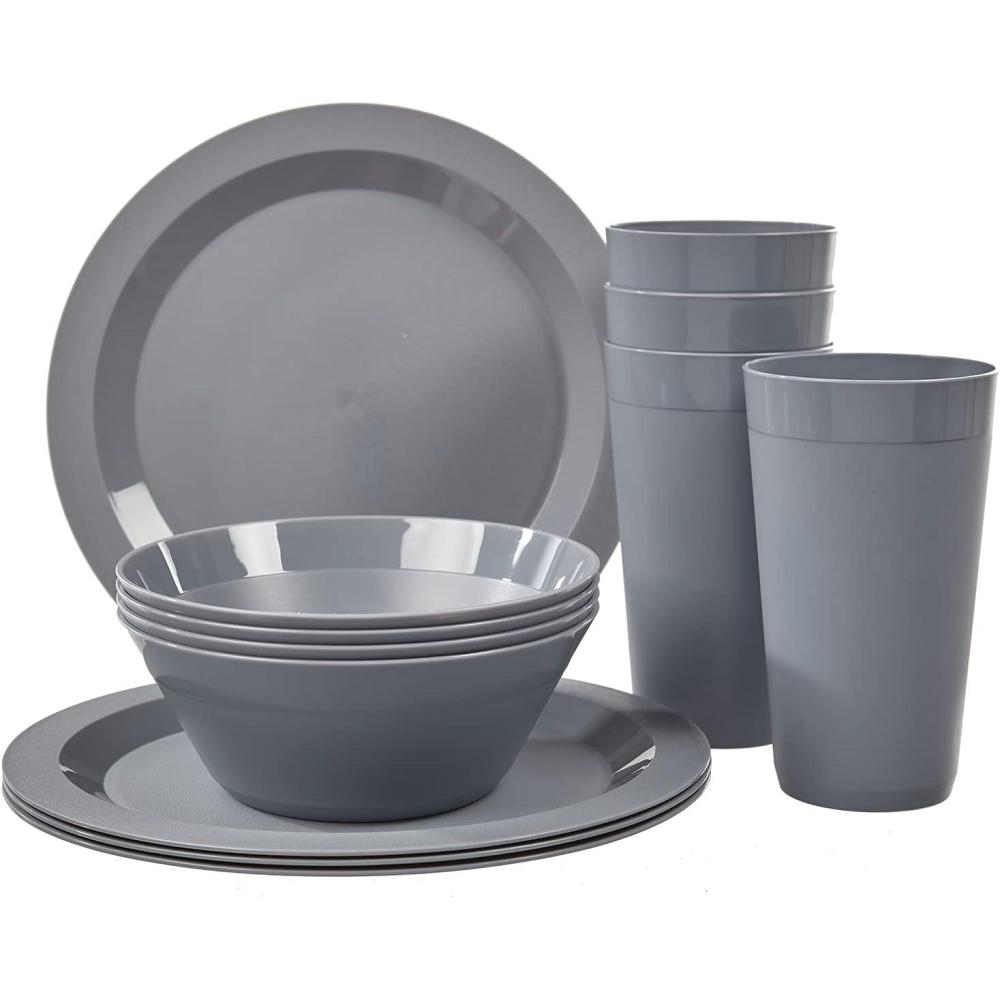 imageUS Acrylic Newport Plastic Plate Bowl and Tumbler Dinnerware Set for 4 in Grey Stone 12Piece Drinking and Dining Set Reusable BPAfree Made in the USA Toprack Dishwasher SafeGray