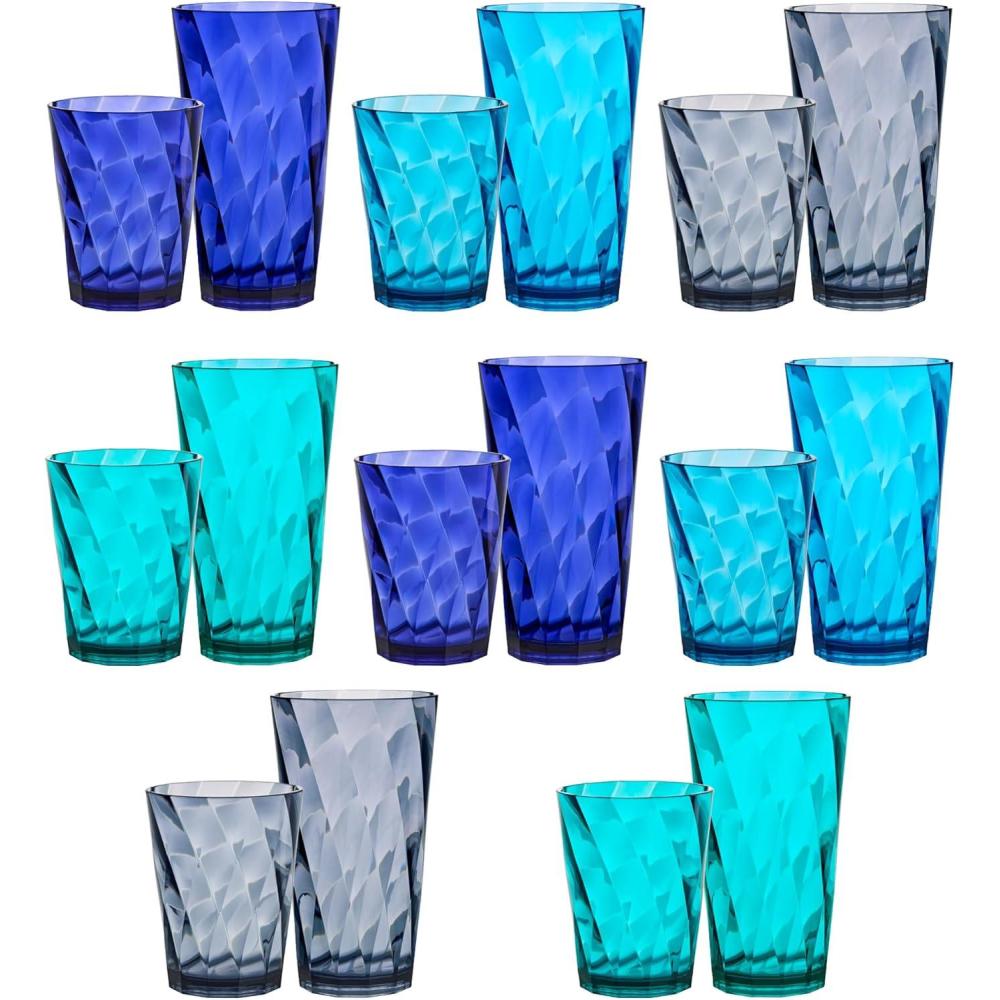 imageUS Acrylic Optix Plastic Reusable Drinking Glasses Set of 16 14oz Rocks ampamp 20oz Water Cups in Coastal Colors BPAFree Tumblers Made in USA TopRack Dishwasher Safe14ounce20ounce