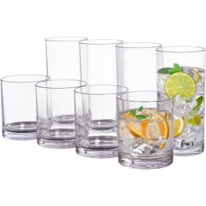 US Acrylic Classic Clear Plastic Reusable Drinking Glasses (Set of 8) 12oz Rocks & 16oz Water Cups | BPA-Free Tumblers, Made in USA | Top-Rack Dishwasher Safe(Clear)