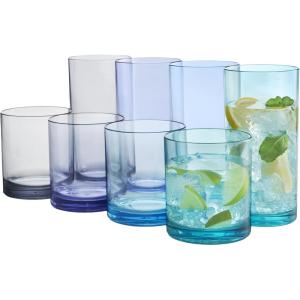 US Acrylic Classic Clear Plastic Reusable Drinking Glasses (Set of 8) 12oz Rocks & 16oz Water Cups | BPA-Free Tumblers, Made in USA | Top-Rack Dishwasher Safe(Coastal)