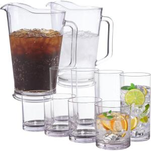 US Acrylic Clear Plastic Cup and Pitcher Set Bundle, 4 12oz Rocks Cups, 4 16oz Water Cups and 2 64oz Pitchers, Made in USA