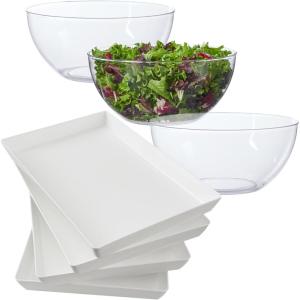 US Acrylic Clear Serving 10-inch Plastic Bowls (Set of 3) and White Plastic Serving Trays (Set of 4) Bundle, Made in The USA