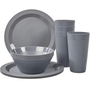 US Acrylic Newport Plastic Plate, Bowl and Tumbler Dinnerware Set for 4 in Grey Stone | 12-Piece Drinking and Dining Set | Reusable, BPA-free, Made in the USA, Top-rack Dishwasher Safe(Gray)