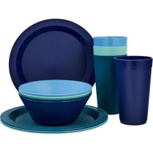 US Acrylic Newport Plastic Plate, Bowl and Tumbler Dinnerware Set for 4 in Grey Stone | 12-Piece Drinking and Dining Set | Reusable, BPA-free, Made in the USA, Top-rack Dishwasher Safe(Coastal)