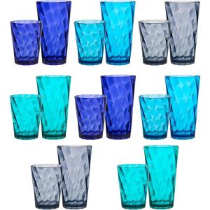 US Acrylic Optix Plastic Reusable Drinking Glasses (Set of 16) 14oz Rocks & 20oz Water Cups in Coastal Colors | BPA-Free Tumblers, Made in USA | Top-Rack Dishwasher Safe(14-ounce/20-ounce)