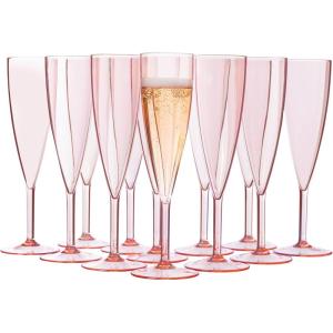 US Acrylic Plastic Reusable Champagne Flute (Set of 12) Clear 5oz Stems | BPA-Free, Shatterproof, Made in USA | Top-Rack Dishwasher Safe(Rose)