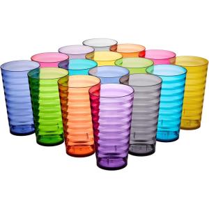 US Acrylic Splash [Set of 16] 18 ounce Plastic Stackable Water Tumblers in Jewel Tone Colors Value Set of Drinking Cups, Reusable, BPA-free, Made in the USA, Top-rack Dishwasher Safe