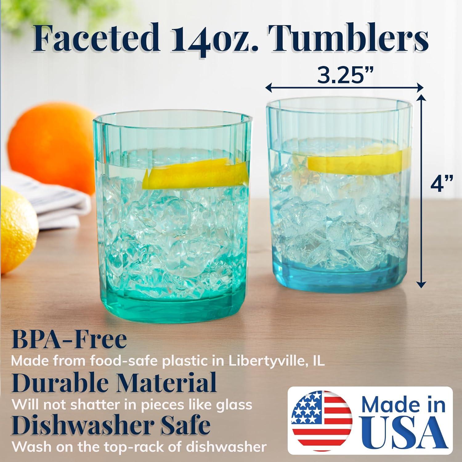 imageUS Acrylic Faceted Plastic Reusable Drinking Glasses Set of 6 14oz Rocks Cups Assorted Colors BPAFree Tumblers Made in USA TopRack Dishwasher SafeRocks Tumblers