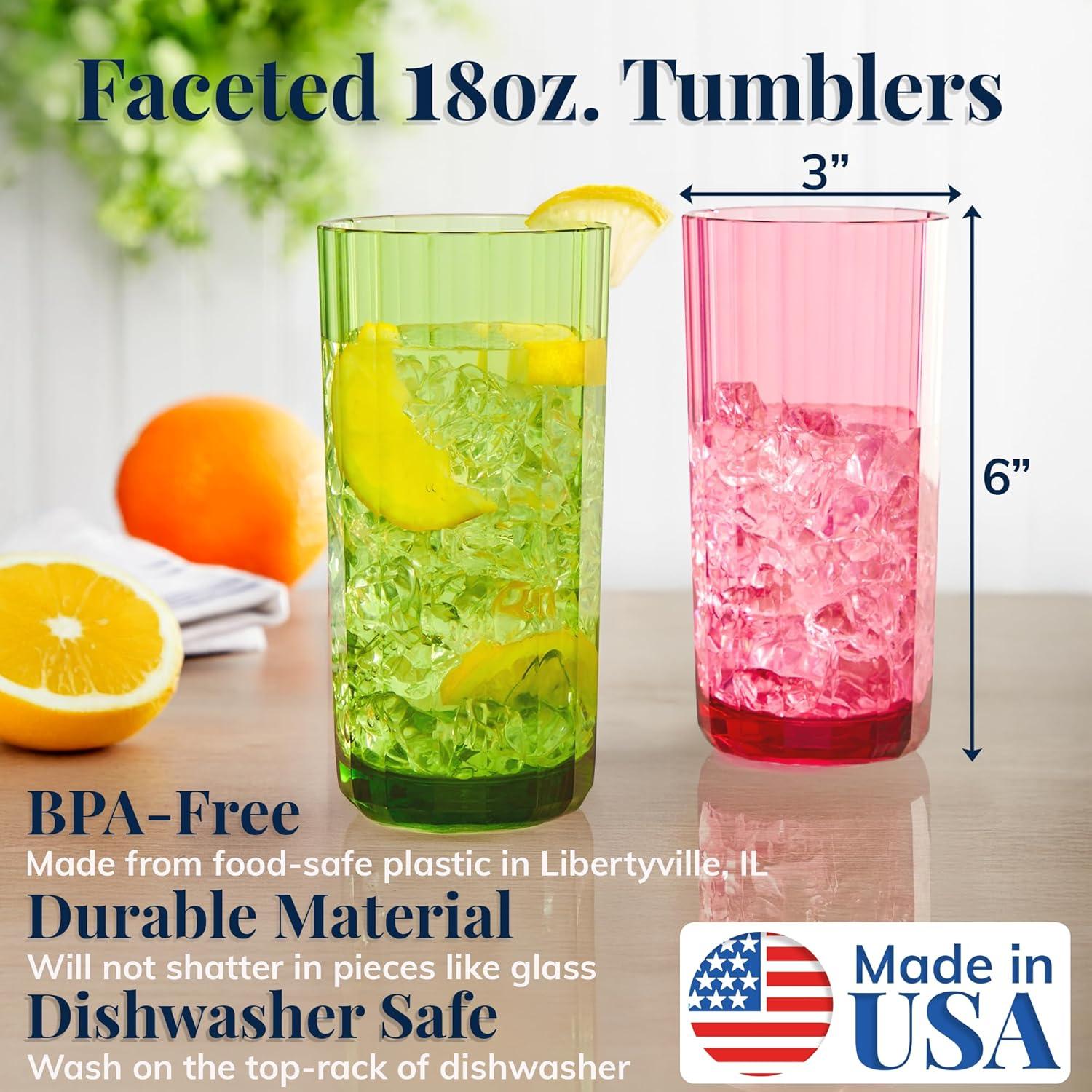 imageUS Acrylic Faceted Plastic Reusable Drinking Glasses Set of 6 14oz Rocks Cups Assorted Colors BPAFree Tumblers Made in USA TopRack Dishwasher SafeWater Tumblers