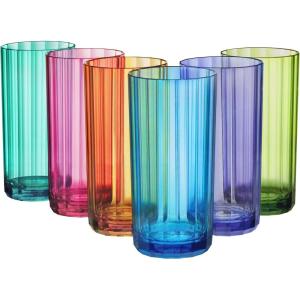 US Acrylic Faceted Plastic Reusable Drinking Glasses (Set of 6) 14oz Rocks Cups Assorted Colors, BPA-Free Tumblers, Made in USA, Top-Rack Dishwasher Safe(Water Tumblers)